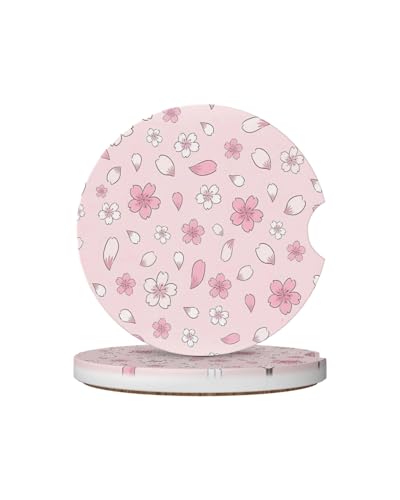 Car Cup Holder Coasters, 2 Pcs Ceramic Coasters with Cork Back and Finger Slot, Anti-Slip Shock Absorbing Women and Men Universal Car Accessories - Pink Sakura - color: Pink Sakura