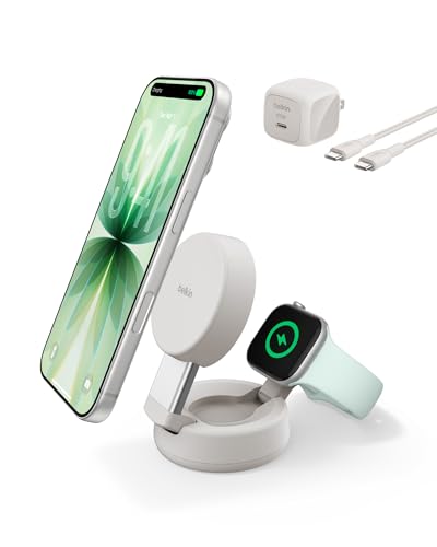 Belkin MagSafe Charger Compatible, 2-in-1 Wireless Charging Station, Qi2.2 25W Convertible Magnetic Charger for iPhone 17, Apple Watch Series 10, Google Pixel 10, and More (45W Adapter Included) - color: Sand, style: 2 in 1