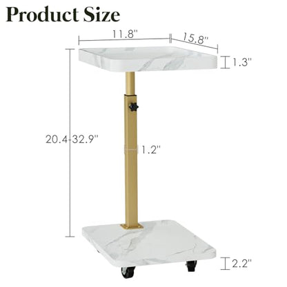 TV Tray Table, Adjustable Dinner Trays for Eating Table,360° Swivel& Sofa Armrest End Side Couch Snack Table for Sofa, Bedroom, Living Room, C Shaped End Table that Slide Under(White+Gold) - color: White Marble+gold