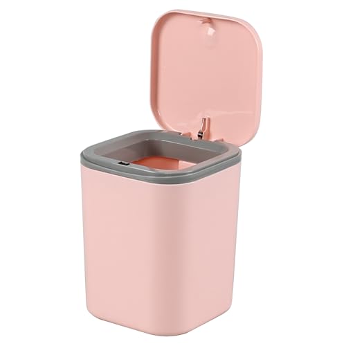 Mini Desk Trash Can Press Type Lid, 2 L/0.5 Gallon Tiny Countertop Waste Basket, Plastic Covered Garbage Bin for Desk Top, Pink - color: Pink