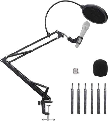 Amazon Basics Adjustable Microphone Boom Arm Stand, 14 inch, Supports Standard Microphones, Adjustable Tension, Includes Pop Filter & Windscreen, Desk Clamp Mount, Black - size: 14 inch