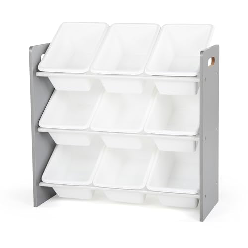 Humble Crew Toy Storage Organizer with 9 Removable Storage Bins for Kids Playroom, 3-Tier Toddler Toy Organization and Storage, Grey/White - color: White Bins/Grey Panel