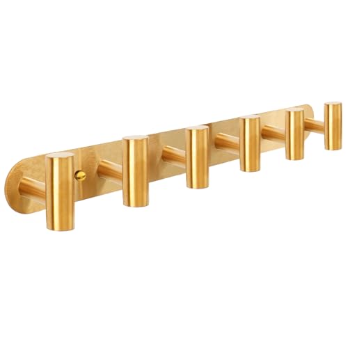 Coat Hook Rack, Wall Mounted Coat Rack with 6 Hooks, Heavy Duty Towel Hooks Rack Wall Hooks for Hanging Clothes Jacket Purse, Stainless Steel Coat Hanger for Bathroom Entryway Mudroom(Gold) - color: Gold, size: 6 Hook