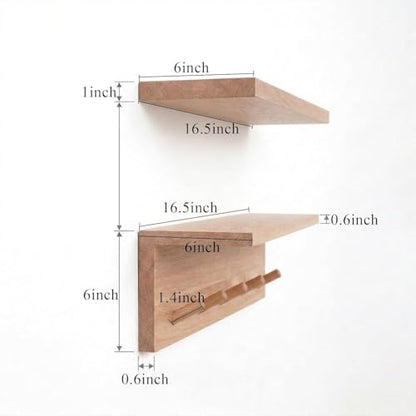 Floating Wall Shelves with Hooks, Rustic Wood Coat Rack & Storage Organizer for Entryway, Kitchen & Bedroom, Wall Mounted Display Shelf for Books, Plants & Photos