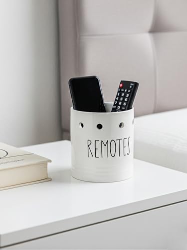LEETOYI Farmhouse Ceramic Remote Control Holder, 4.9" Remote Caddy Storage White