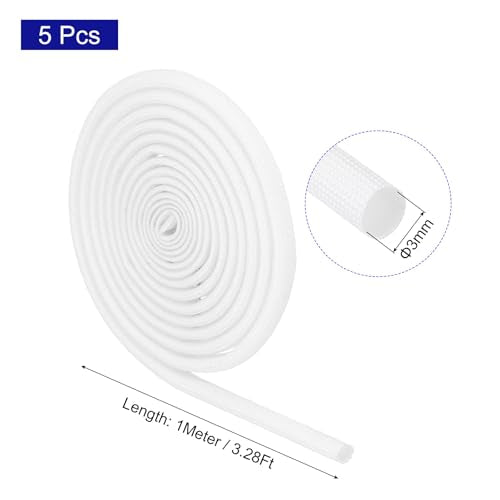 MECCANIXITY 5Pcs Wire Insulation Braid Fire Sleeve,3.28Ft-3mm ID White, High Temp Silicone Coated Fiberglass Sleeving for Automotive Hose Lines Electrical Wiring - color: White, size: 3.28Ft-3mm