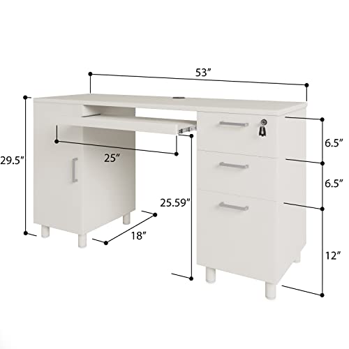 Modern Design Venice Computer Office Desk with 3 Locking Drawers and Storage Cabinet, 53 Inch Home and Office Executive White Desk with Keyboard Tray by Crafts and Comfort - color: White