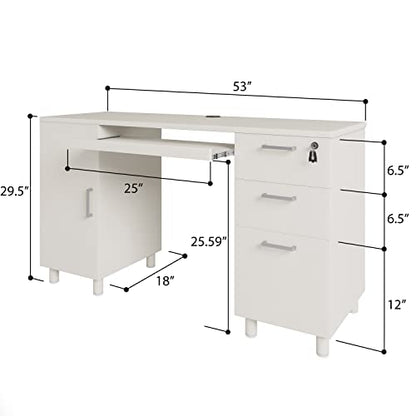 Modern Design Venice Computer Office Desk with 3 Locking Drawers and Storage Cabinet, 53 Inch Home and Office Executive White Desk with Keyboard Tray by Crafts and Comfort - color: White