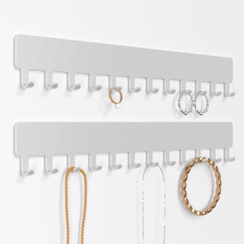 Necklace Holder Wall Organizer - Jewelry Hanging Hooks for Necklaces, Bracelets, Earrings - Easy Stick-On Installation - Space-Saving Metal Design, Silver - color: Silver