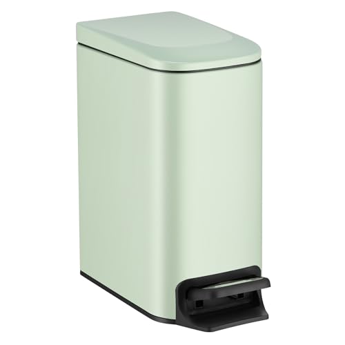 TIPGO Slim Bathroom Trash Can with Lid Soft Close, 6 Liter / 1.6 Gallon Stainless Steel Garbage Can with Removable Inner Bucket, Step Pedal, Small Trash Cans for Bedroom, Office, Kitchen (Green) - color: Green