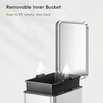 EKO Small Bathroom Trash Can with Lid Soft Close, Step Pedal, 6 Liter / 1.6 Gallon Stainless Steel Garbage Can with Removable Inner Bucket, Anti-Fingerprint Finish (Silver) - color: Stainless Steel, size: 6L