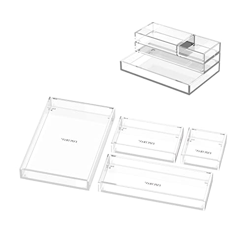 Clear Acrylic Desk Organizer for Office or Home Desk Drawer Dividers, Makeup Vanity Storage Bins, Stackable 4-Pack, Acrylic Accessory and Half Accessory Tray/Small Tray - color: Clear