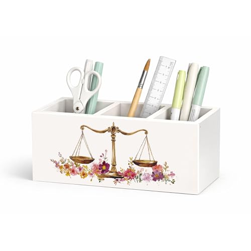 Lawyer Justice Scale Wooden Desk Organizer 3-Compartment Pen Holder | Justice scale design with 3 compartments to hold pens, pencils, and office supplies for legal office, home, or desk. - color: Floral Justice Scale