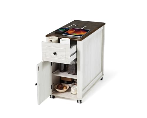 Farmhouse End Table with Wheels & Charging Station, USB-C, Narrow Rolling Side Table with Storage Cabinet and Deep Drawer, Small Nightstand with Hidden USB Ports and Outlets for Living Room, White - color: Light Oak, size: 23" Leg