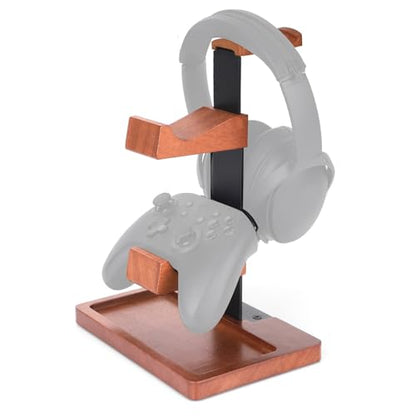 Solid Wood Game Controller Stand & Headphone Holder, Dual Controller Organizer for Xbox Switch Headset Gaming Equipment Stuff Desk Accessories Room Decor for Son Husband Boyfriend