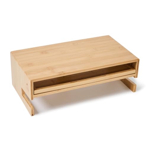 Wood Monitor Stand Riser Organizer for Desk Top with Storage Drawer & Phone Holder,Bamboo Monitor Stand with Keyboard Tray, Non Slip Desk Riser, Desk stand for computer monitor