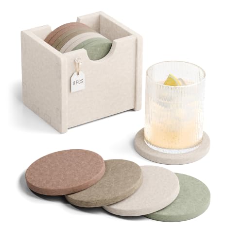Fluxynara Felt Coasters for Drinks, Set of 8 Absorbent Coasters with Holder, Heat-Resistant & Reusable Round Design for Coffee Table & Living Room, 3.94 Inch, Boho - color: Boho, size: Round - 8 Count
