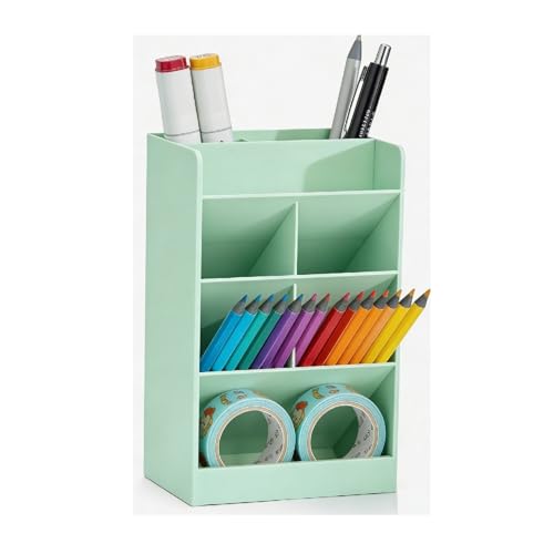 Tissting Slanted Desk Organizer, 7 Compartments Pen Holder, Green Stationery Storage Stand for Office School - Space Saving Desktop Organizer with Multiple Compartments for Pens Pencils Markers - color: Green