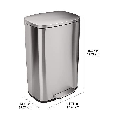 Amazon Basics LARGE Trash Can, 13.2 Gallon (50L), Smudge Resistant Rectangular Bin with Soft-Close Lid, Step Foot Pedal, Removable Inner Bucket, Brushed Stainless Steel, Satin Nickel Finish - size: Big, 50L/13.2 Gal
