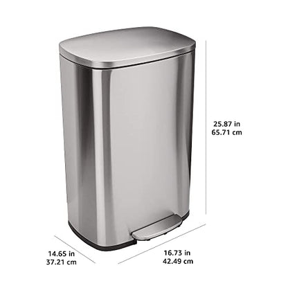 Amazon Basics LARGE Trash Can, 13.2 Gallon (50L), Smudge Resistant Rectangular Bin with Soft-Close Lid, Step Foot Pedal, Removable Inner Bucket, Brushed Stainless Steel, Satin Nickel Finish - size: Big, 50L/13.2 Gal