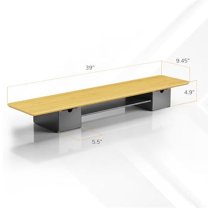 Mount-It! Extra Wide 39" Real Solid Bamboo Dual Monitor Stand Riser, 2 Metal Drawers + Shelf, 66 lbs, Built-In Device Slot, Home Office Desk Organizer