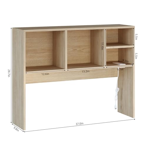 DreamDashio Desktop Bookshelf Organizer with Outlet & RGB Light, 2-Tier Multipurpose Wood Desk Hutch for Gaming, Home Office, Dorm, Oak White