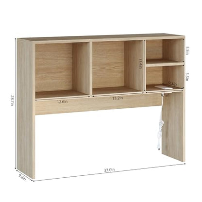 DreamDashio Desktop Bookshelf Organizer with Outlet & RGB Light, 2-Tier Multipurpose Wood Desk Hutch for Gaming, Home Office, Dorm, Oak White