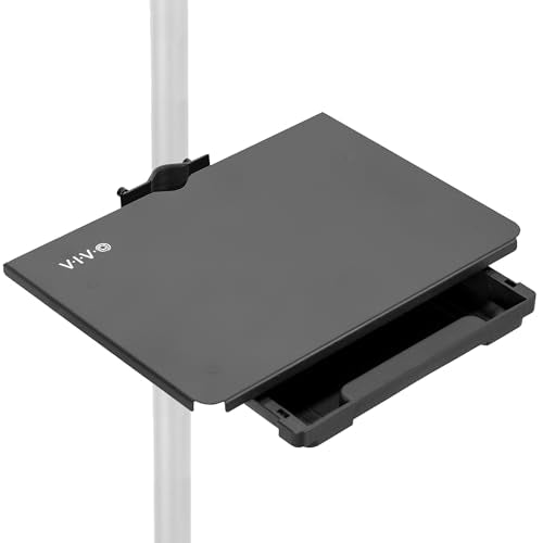 VIVO Steel 14 x 10 inch Pole Mount Shelf with Drawer for TV Cart, Speaker Stand, and More, Clamp-on Utility Storage Platform, Black, MOUNT-SF13D