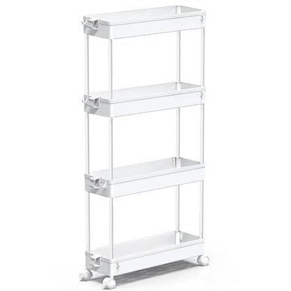 SPACEKEEPER Slim Rolling Storage Cart 4 Tier Bathroom Organizer Mobile Shelving Unit Utility Cart Tower Rack for Kitchen Laundry Narrow Places, White - color: White