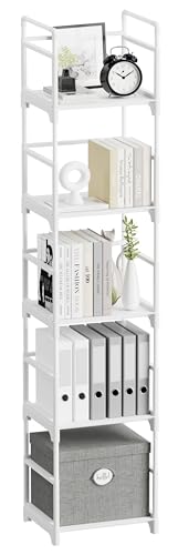 FIDUCIAL HOME 5 Tiers Narrow Bookshelf White Skinny Open Book Shelf | Slim Thin Small Spaces for Space Saving, Easy to Assemble, 12"L x 10"W x 57.2"H - size: 5 Tier
