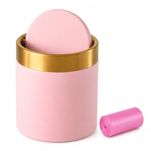 Pink Mini Countertop Trash Can with Lid – Metal Tiny Makeup Vanity Swing-Top Waste Bin, 1.5 L / 0.40 Gal - color: Pink