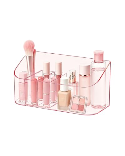 Makeup Tray Holder Organizer Cosmetic Display Case Tabletop Desktop Vanity Countertop Bathroom Wall Cabinet Medicine Storage Box 9 Dividers 2 Removable Women Ladies Girls Gifts Crystal Pink 1 PACK - color: Crystal Pink