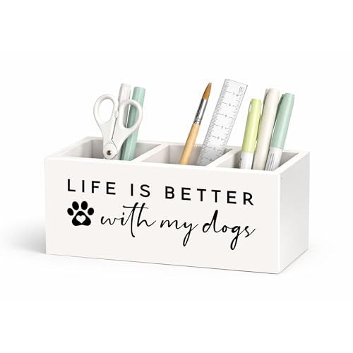 Life Is Better With Dogs Desk Organizer | Cute dog quote design; 3-compartment wooden holder stores pens, pencils, scissors, rulers. - color: Better With Dogs