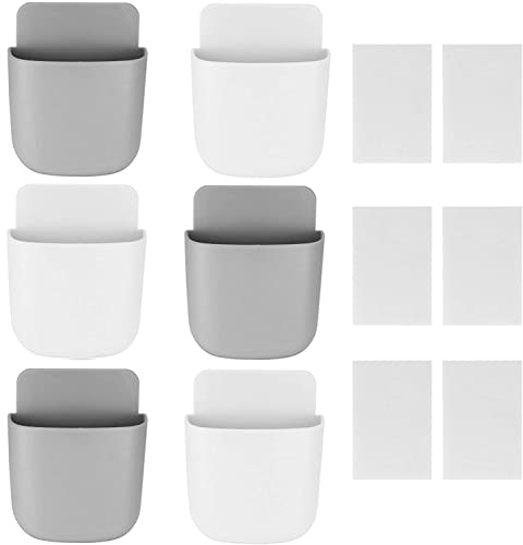 6 Pcs Remote Control Holder Wall Mounted, Self-Adhesive Wall Mount Phone Pen Pencil Makeup Brushes Glasses Holder Storage Box Organizer for Wall Beside Table (3 White+ 3 Grey) - color: White, Gray