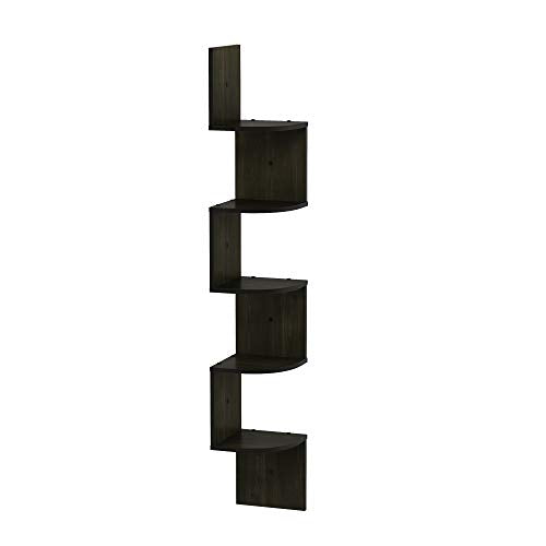 Furinno ROSSI Floating Book Shelves for Wall, 5-Tier Zigzag Corner Shelf Wall Mounted, Radial Corner Floating Shelf, for Living Room, Bedroom, Bathroom, Home Office, Espresso - color: Espresso