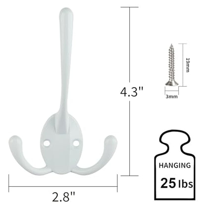 IBosins 6 Pack Big Heavy Duty Three Prongs Coat Hooks Wall Mounted with 12 Screws Retro Double Utility Rustic Hooks for Thick Coat, Big Heavy Bags (White) - color: White