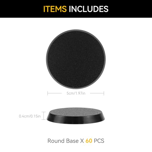 60PCS 50mm/1.97inch Textured Plastic Black Round Miniature Bases, Model Base for Gaming Miniatures or Wargames Table Top Games - color: 50mm-60pcs-black