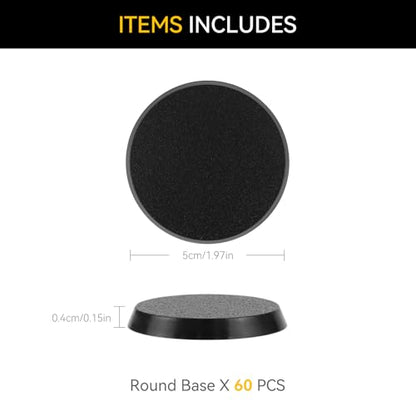 60PCS 50mm/1.97inch Textured Plastic Black Round Miniature Bases, Model Base for Gaming Miniatures or Wargames Table Top Games - color: 50mm-60pcs-black