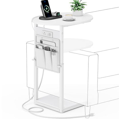 Vagusicc C Shaped End Table with Charging Station, 32" Tall Side Table for Couch and Recliner, Adjustable Height Small Couch Side Table Slide Under Sofa TV Tray Table for Living Room, Bedroom, White - color: White, style: Charging Station