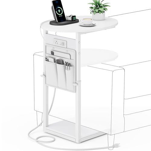 Vagusicc C Shaped End Table with Charging Station, 32" Tall Side Table for Couch and Recliner, Adjustable Height Small Couch Side Table Slide Under Sofa TV Tray Table for Living Room, Bedroom, White - color: White, style: Charging Station