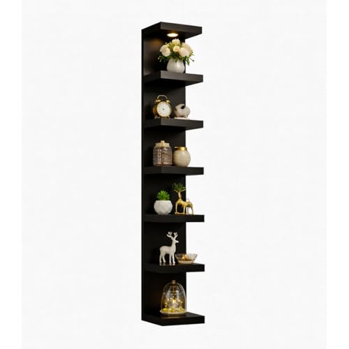 7 Tier Wall Shelf Unit,Black Lack Wall Shelf,Display Floating Shelf with LED Remote Control Light - color: Black