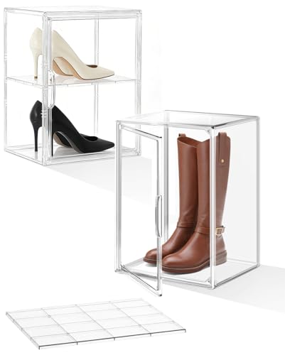 XXX-Large Clear Stackable Acrylic Display with Lid & Magnetic Door - 2-Tier Adjustable Shoe Box Case 11.8'' X 9.8'' X 15.7''Organizer for Boot, Sneakers, Collectibles, Figures, Purses | 2-Pack - color: Clear-xxx-large-2pcs