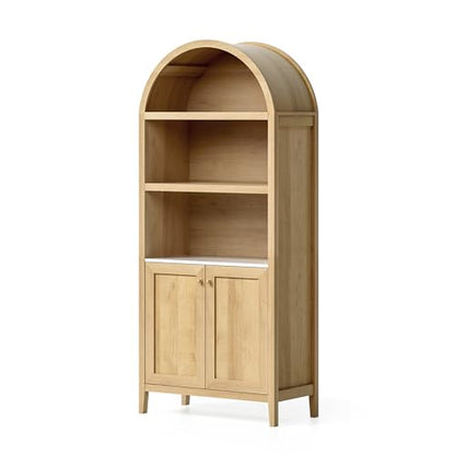 EYYTHUNG 71" Tall Arched Cabinet, 5-Tier Arched Bookcase Storage Display Cabinet with Faux Marble Tabletop, Modern Farmhouse Bookshelf Kitchen Pantry Cabinet for Living Room Home Office, Natural Oak - color: Natural Oak