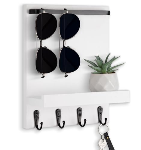 Key Holder Wall Mount, Key Holder for Wall with 4 Hooks, Farmhouse Key Hanger Holds Dog Leash, Sunglasses – Decorative Mail Organizer Home Decor (White) - color: White