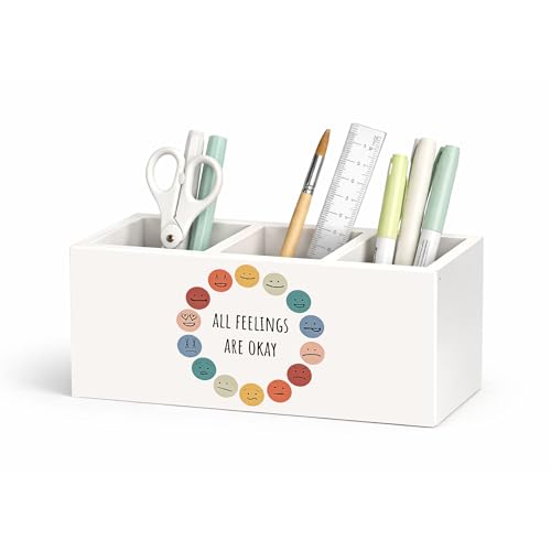Colorful Emotions Wooden Desk Organizer Pen Pencil Holder | Colorful faces design; wooden holder organizes pens, pencils, and desk supplies for office, school, home, or study. - color: All Feelings Are Okay