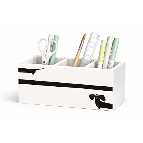 Dachshund Dog Wooden Desk Organizer 3 Compartments | Cute sausage dog design; 3-compartment wooden holder for pens, pencils, and office supplies, great dog lover gift. - color: Dachshund Dog