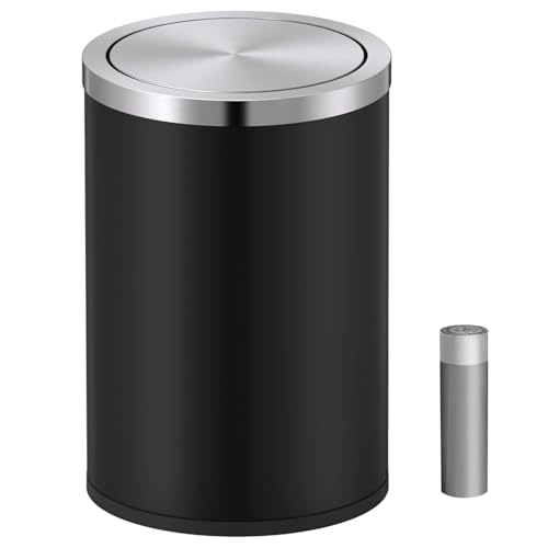 Mbillion Small Trash Can with Swing Lid 4 Gallons/15 Liter, Mini Trash Can with lid, Stainless Steel Cylindrical Garbage Can for Home and Office, for Ground and Desktop(Black) - color: Black, size: 15L