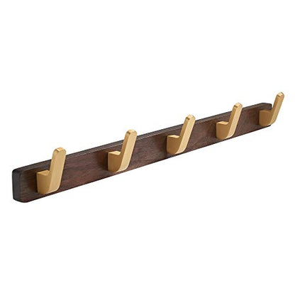 Wall Mounted Coat Rack, Entryway Hanging Coat Rack, Metal Wood Coat Rail with 5 Rustic Hooks Rail for Coat, Scarf, Bag, Towel, Key, Cap, Hat, Walnut Gold Matt - size: 5 Hooks - Curve Shape