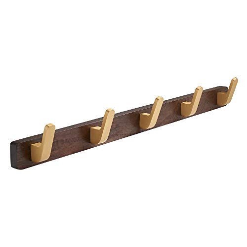 Wall Mounted Coat Rack, Entryway Hanging Coat Rack, Metal Wood Coat Rail with 5 Rustic Hooks Rail for Coat, Scarf, Bag, Towel, Key, Cap, Hat, Walnut Gold Matt - size: 5 Hooks - Curve Shape