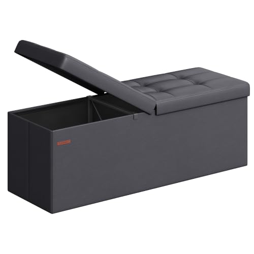SONGMICS MAZIE Collection - 43 Inches Storage Ottoman Bench with Flipping Lid, Storage Chest with Iron Frame Support, Load 660 lb, for Living Room, Bedroom, Synthetic Leather, Dark Gray ULSF075G01 - color: Dark Gray, size: 15"D x 43"W x 15"H